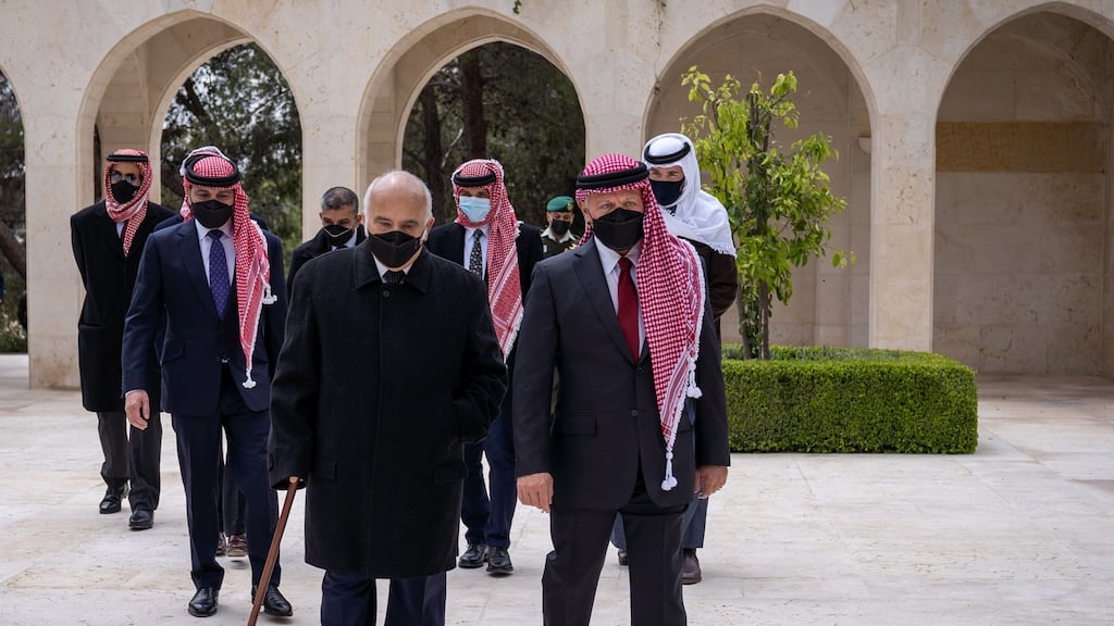 King Abdullah II bin Al-Hussein of Jordan and Prince Prince Hashim bin Al Hussein were joined by Prince Hamzah (centre second row) among other royal family members at prayers at the tombs of their forefathers in a supposed show of unity as they marked the centenary of the Kingdom in Amman, Jordan. Photograph: Youssef Allan/EPA
