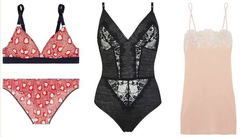 Stella McCartney heart-printed bra, €70, and briefs, €40; Nine by Savannah Miller black body, €32 at Debenhams; La Perla silk chemise, €525 from Net-a-porter