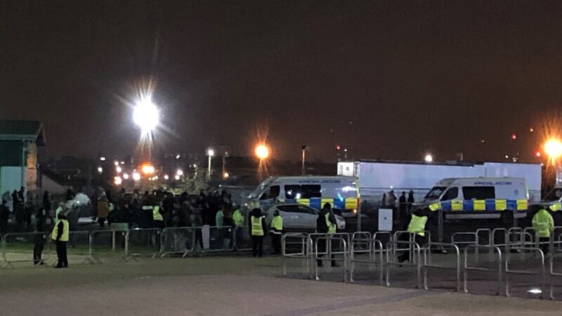 Angry fans gather outside Celtic Park to demonstrate against manager Neil Lennon following the side’s embarrassing defeat to Ross County in the Betfred Cup. Photograph: PA
