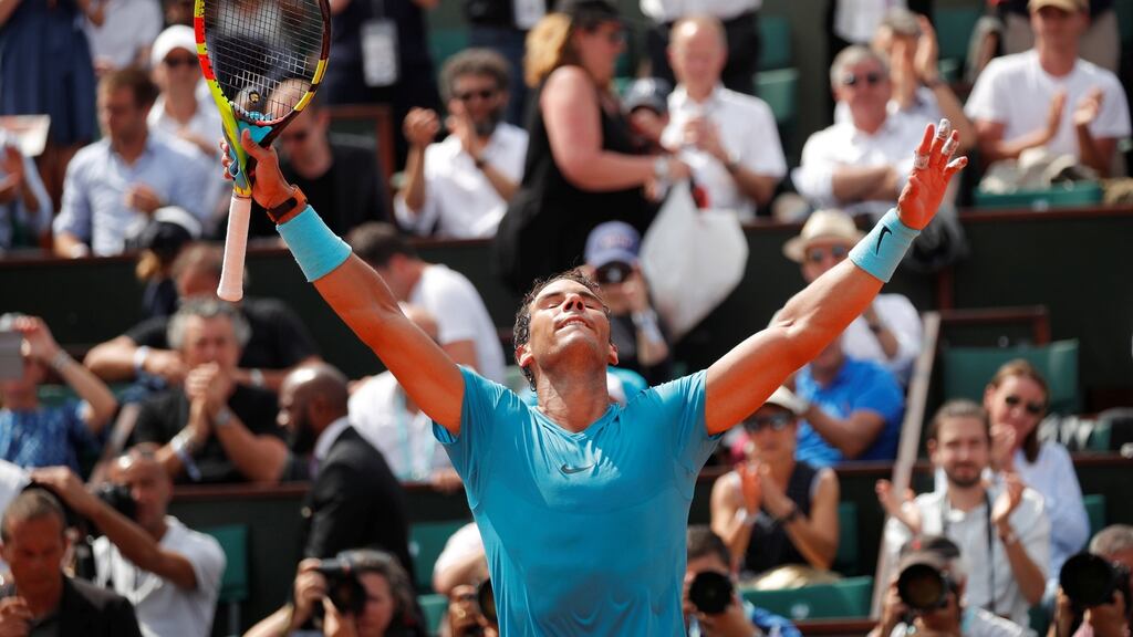 Spain’s Rafael Nadal celebrates winnning his fourth round match against Germany’s Maximilian Marterer at the French Open. Photo: Charles Platiau/Reuters