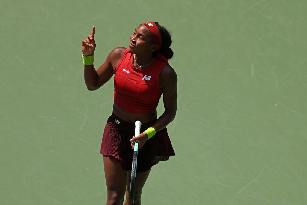 Coco Gauff of the United States reacts during her women's singles quarter-final match against Jelena Ostapenko of Latvia at the US Open in New York. Photograph: Mike Stobe/Getty Images
