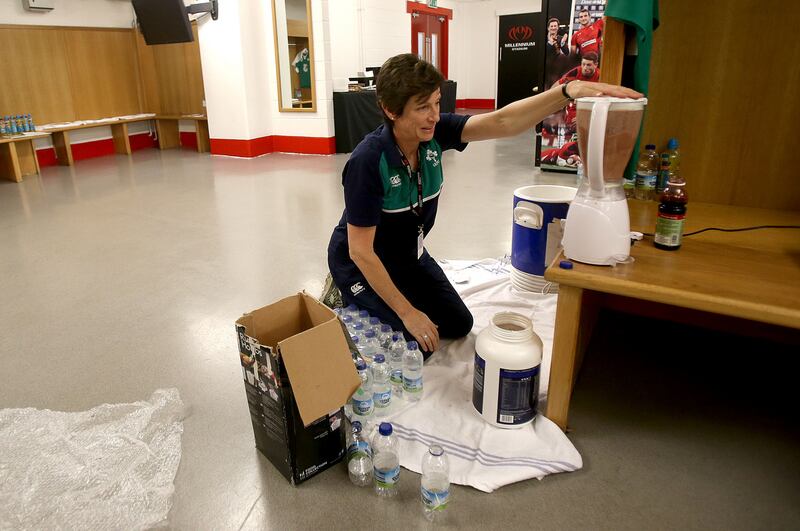 Performance nutritionist Ruth Wood-Martin in the dressing room during the 2015 Rugby World Cup in Cardiff. Photograph: Dan Sheridan/Inpho