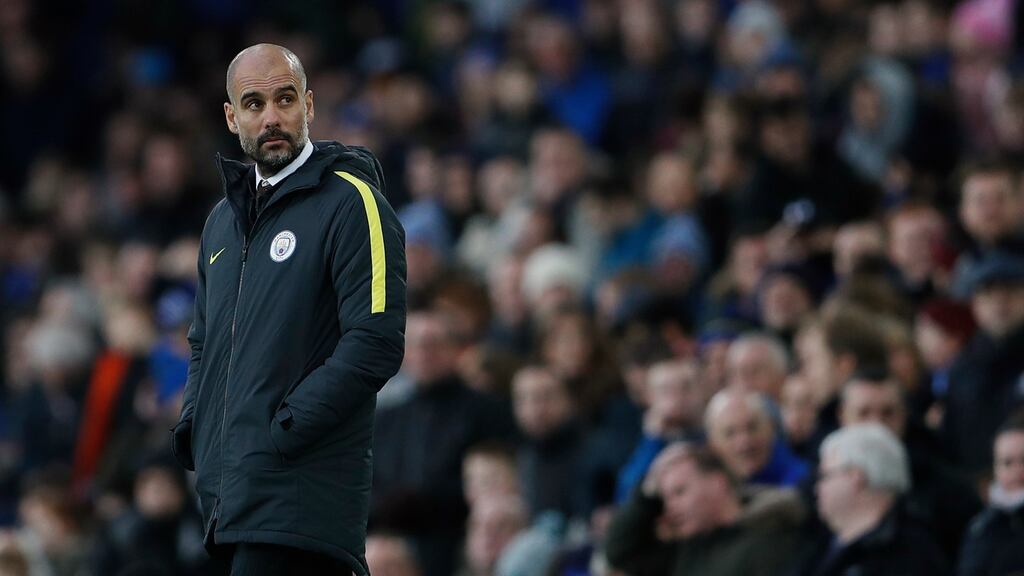 Manchester City manager Pep Guardiola suffering the heaviest league defeat of his managerial career against Everton. Photograph: Lee Smith/Reuters
