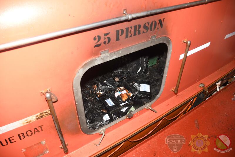 Partially-burned cocaine stash inside a lifeboat on the MV Matthew. Photograph: An Garda Síochána/PA Wire