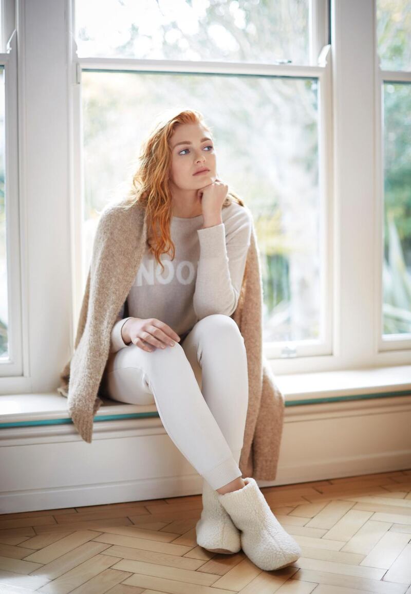 Boucle cardigan (€79), sweater (€49) and jersey jog pants (€49)