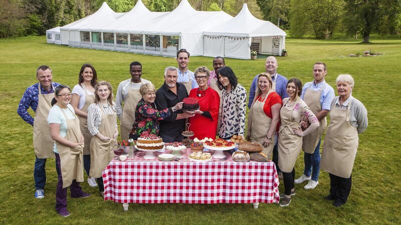 The judges (centre) on the new Channel 4 series of the ‘Great British Bake Off’, Sandi Toksvig, Paul Hollywood, Prue Leith and Noel Fielding, with this year’s bakers, from left: Chris, Yan, Sophie, Julia, Liam, Tom, Peter, Stacey, James, Kate, Steven & Flo. Photograph: Channel 4