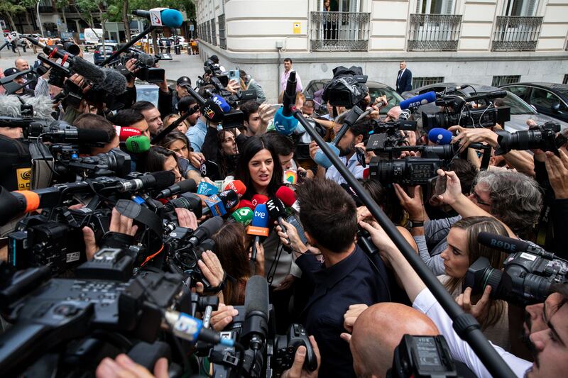 Jenni Hermoso's lawyer Carla Vall speak to the press after former Spanish football federation president Luis Rubiales left Spain's National High Court in Madrid on Friday morning. Photograph: Pablo Blazquez Dominguez/Getty Images