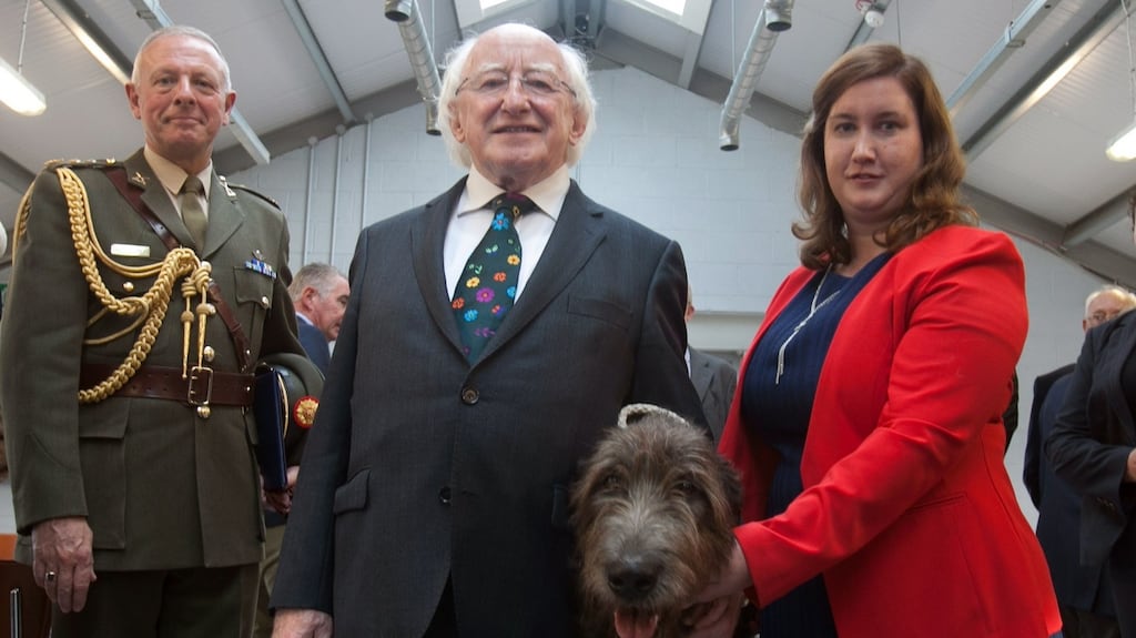 President Michael D Higgins with State mascot Corporal Keelagh and handler Tracey Carol during a visit to the DSPCA where they celebrated 175 years helping animals at Mount Venus Road, Rathfarnham, Dublin. Photograph: Gareth Chaney Collins