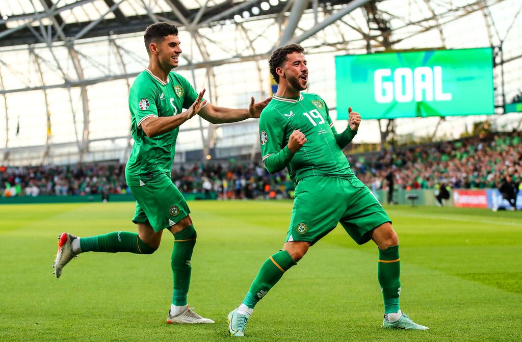 Ireland’s Mikey Johnston celebrates scoring the opener in the Euro 2024 qualifier v Gibraltar. Photograph: James Crombie/Inpho