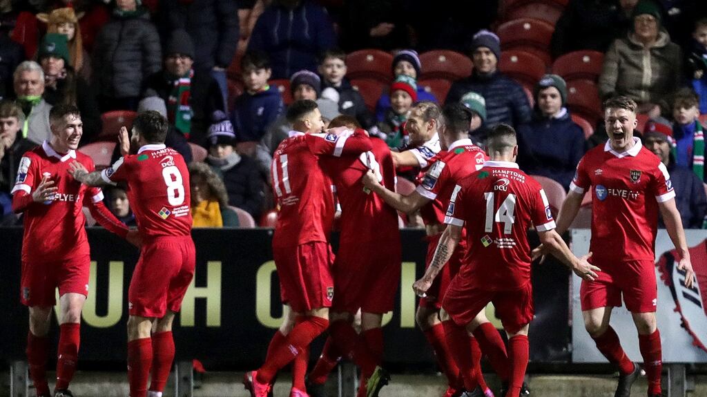Shelbourne players celebrate Ciarán Kilduff’s 86th-minute winner against Cork City at Turner’s Cross. Photograph: Laszlo Geczo/Inpho