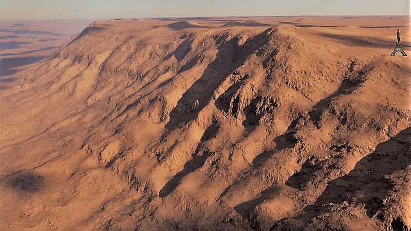 What the Porcupine Bank Canyon would look like with the sea drained. Steep cliffs predominate and cold-water coral mounds crest the peaks.