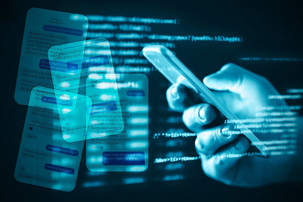 Text scams,Paul Scott graphic for Conor Pope piece, 26/05/2023