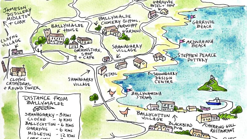 The local area surrounding Ballymaloe House and Cookery School. Illustration: Lydia Hugh Jones