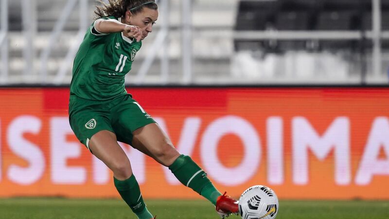 Katie McCabe strikes on goal against Finland in the Women’s World Cup qualifier at the Olympic Stadium in Helsinki. Photograph: Kalle Parkkinen/Inpho