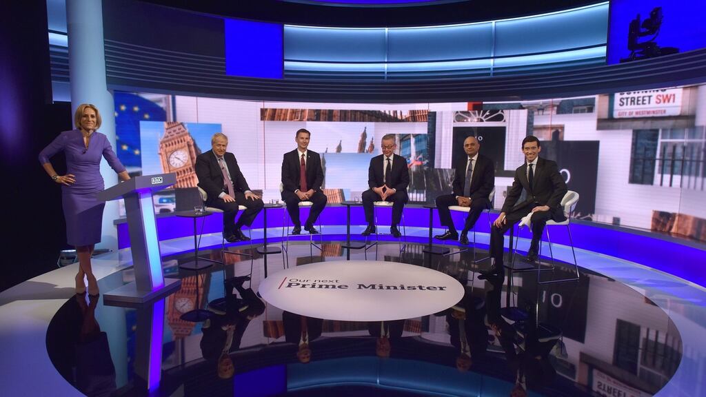 BBC handout photo of (left to right)  host Emily Maitlis, Boris Johnson, Jeremy Hunt, Michael Gove, Sajid Javid and Rory Stewart ahead of te BBC TV debate at BBC Broadcasting House in London.  Photograph: Jeff Overs/BBC/PA Wire