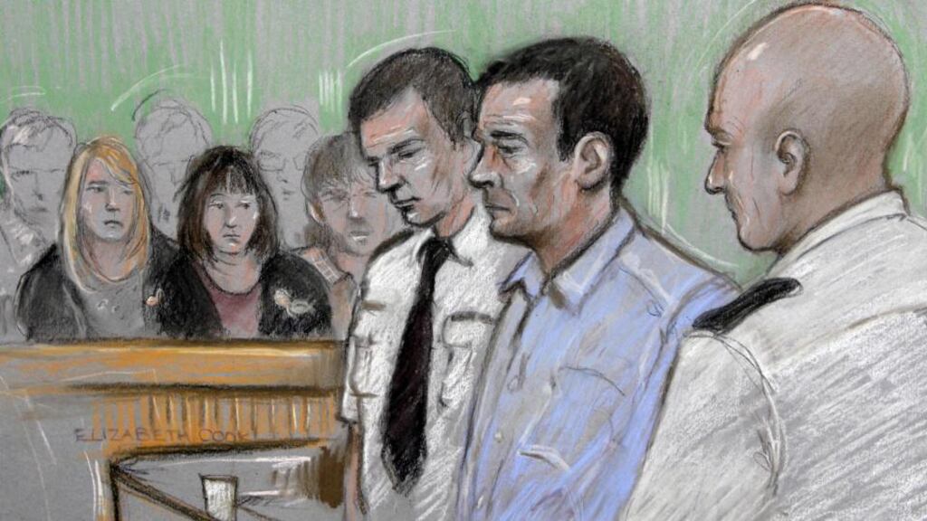 A court artist drawing of Mark Bridger in the dock at Mold Crown Court. Drawing/Photograph: Elizabeth Cook/PA Wire