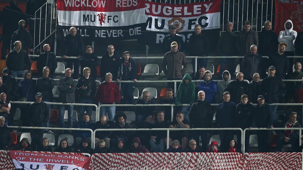 United fans watch on during the 2-1 defeat to Valencia at the Mestalla. Photo: John Peters/Man Utd via Getty Images