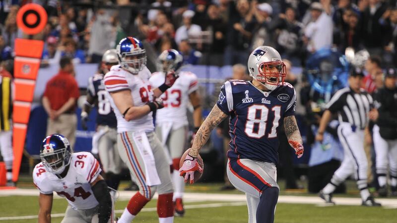 Hernandez celebrates after scoring a touchdown for the Patriots during Super Bowl XLVI in 2012. Photo: Barton Silverman/The New York Times