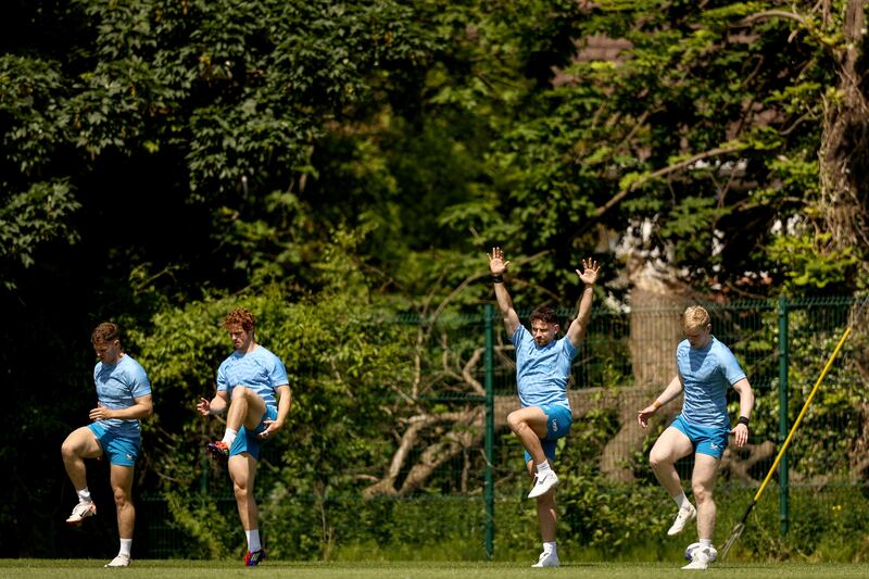 Leinster Rugby Squad Training, UCD Rosemount, Dublin 20/5/2024
Rob Russell, Henry McErlean, Hugo Keenan with Jamie Osborne
Mandatory Credit ©INPHO/Ben Brady