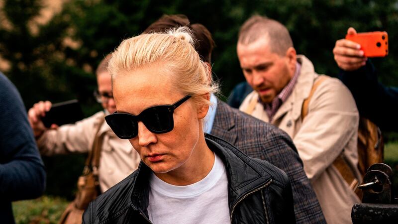 Yulia Navalnaya, wife of Russian opposition leader Alexei Navalny, at the Omsk hospital on Friday. Photograph: Dimitar Dilkoff/AFP via Getty Images