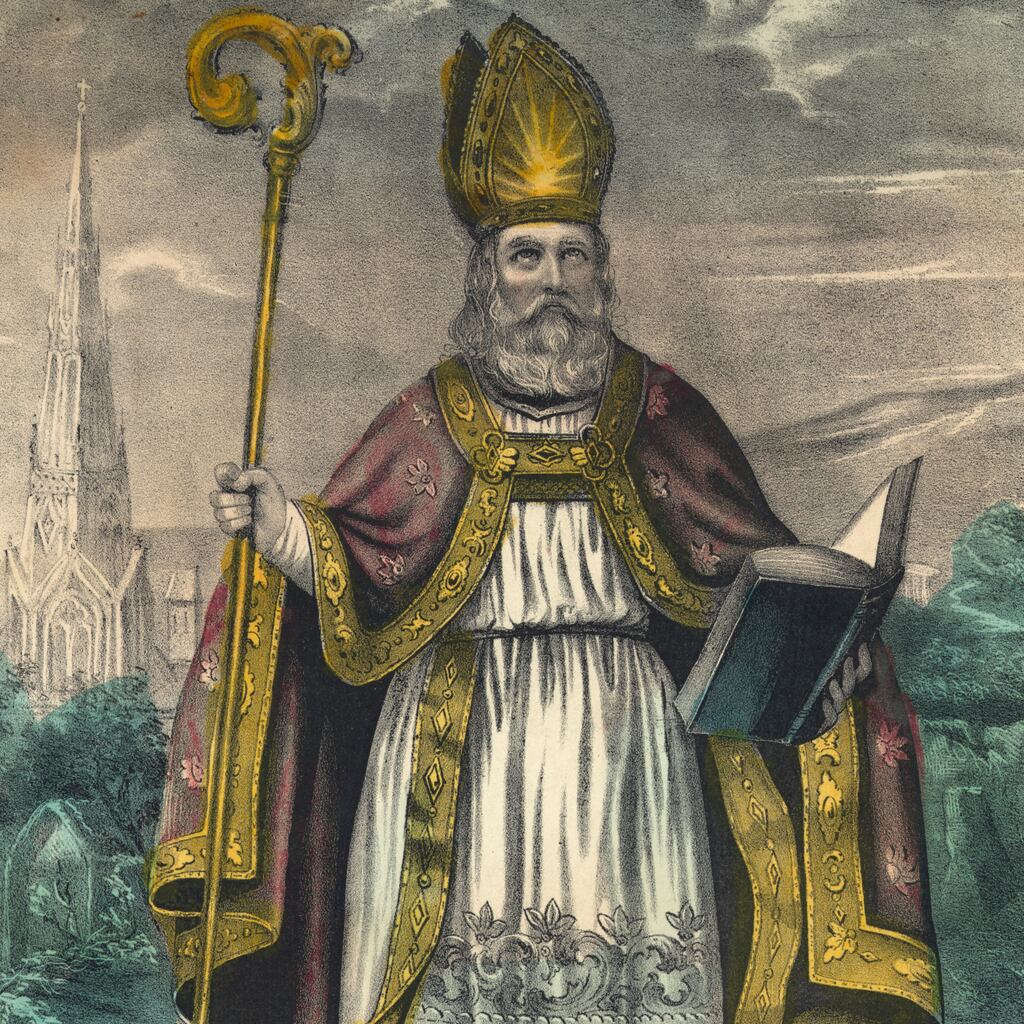 St Patrick: the great apostle of Ireland was born in 372 and died in 464; he is said to be buried in Down Cathedral. Illustration: Currier & Ives/VCG Wilson/Corbis via Getty