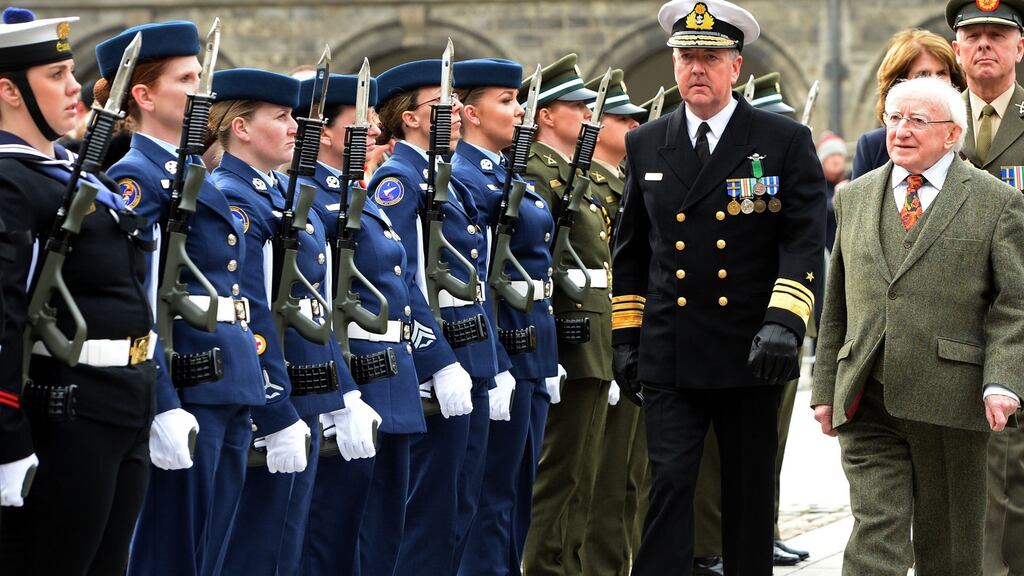 Women serving in the Army, Navy and Air Corps form a guard of honour for President Michael D Higgins at a ceremony to honour the role of women from 1916 to 2016, on International Women’s Day, at the Royal Hospital Kilmainham, Dublin. Photograph: Eric Luke/The Irish Times