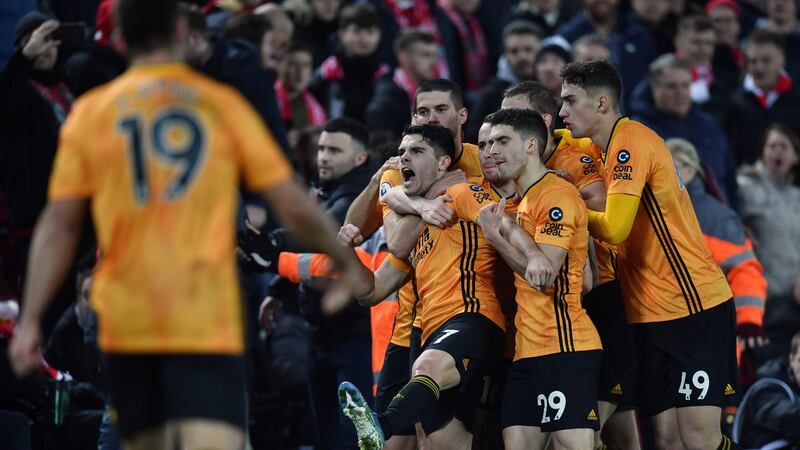 Pedro Neto celebrates his goal before it was disallowed. Photo: Paul Ellis/Getty Images