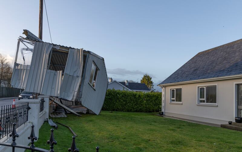 A garden shed which ended up in the front garden of a neighbouring home after the storm. Photograph: NW Newspix