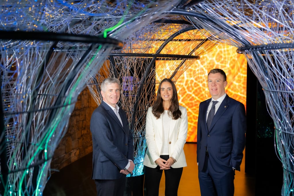 Pictured at the announcement of the 2024 EY Entrepreneur of the Year finalists are: Conor Hanley, chief executive of FIRE1, a finalist in the international category; Eimear McCrann, director of Entrepreneur of the Year; and Roger Wallace, EY partner lead for the Entrepreneur of the Year programme. Photograph: Naoise Culhane