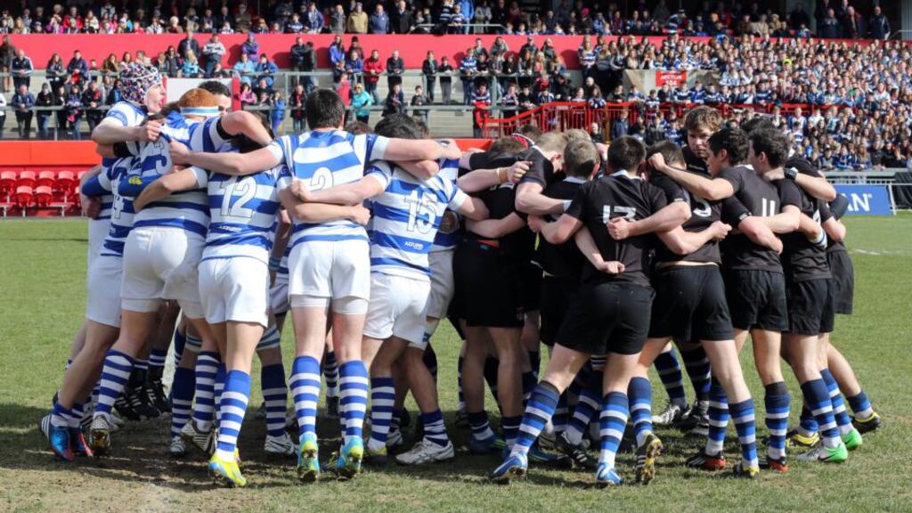 Rockwell and Crescent teams don’t give an inch before last year’s Munster Senior Cup final at Thomond Park, Limerick. Photograph: Inpho