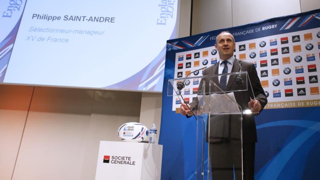 French national rugby union team coach Philippe Saint-Andre announces the names of the thirty-six players who will make up the French team for the 2015 Rugby World Cup. Photo: Thomas Sampson/AFP/Getty Images