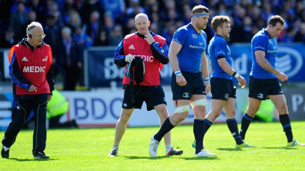 Leinster’s Jamie Heaslip leaves the field with a wound to his leg during the Amlin Challenge Cup semi-final against Biarritz at the RDS. Photograph: Stu Forster/Getty Images