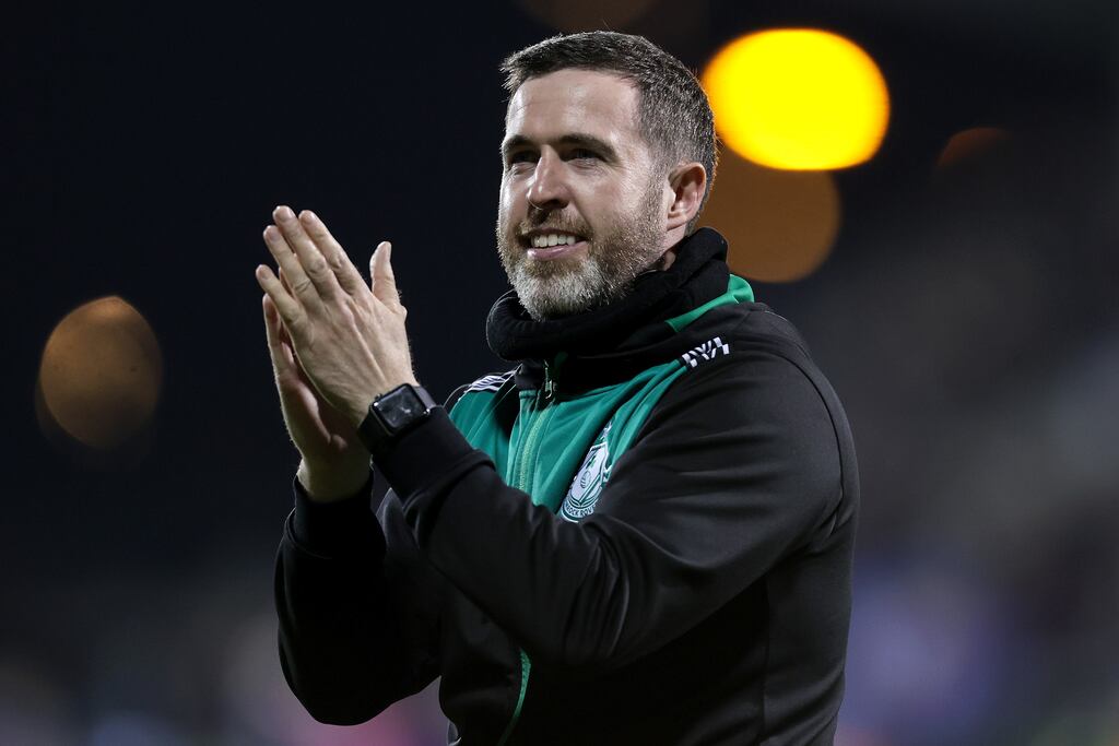 Shamrock Rovers manager Stephen Bradley acknowledges the fans after the game. Photograph: Laszlo Geczo/Inpho