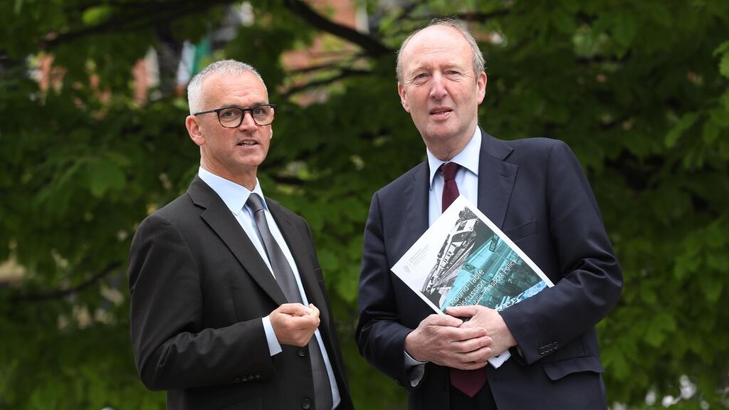 Prof Alan Barrett, director of the ESRI, and Minister for Transport Shane Ross at the round table discussion on public transport held in the Mansion House, Dublin. Photograph: Robbie Reynolds