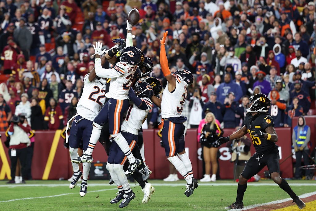 Noah Brown #85 of the Washington Commanders looks on as a Hail Mary pass attempt against the Chicago Bears is tipped during the fourth quarter at Northwest Stadium in Landover, Maryland. Photograph: Scott Taetsch/Getty Images