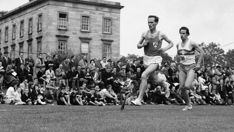 Runners and spectators at the Berkeley Library bend during the famed College Park Sports in the 1960s.