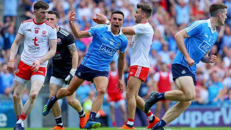 Niall Scully of Dublin celebrates scoring a goal. Photograph: Tommy Dickson/Inpho