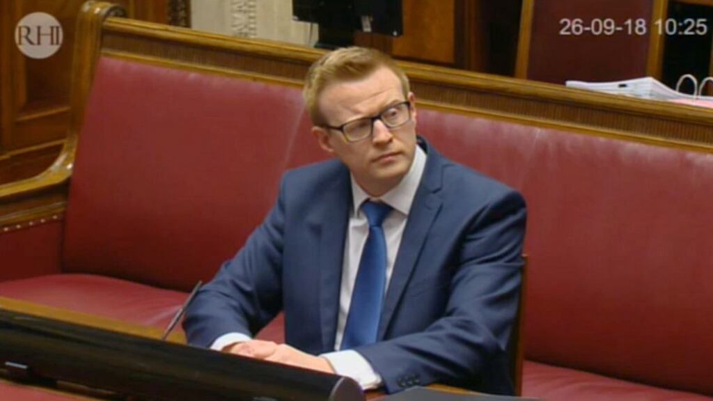 The DUP director of communications John Robinson appearing before the public inquiry on Northern Ireland’s botched green energy scheme at the NI Assembly in Belfast. Photograph: RHI/PA Wire.