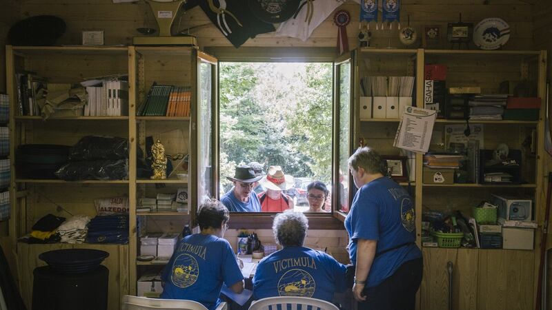 Goldpanners register for the 36th Italian Gold Panning Championship at the Victimula Gold Panner’s Arena in the Bessa Natural Reserve in Zubiena, Italy. Photograph: Gianni Cipriano/The New York Times