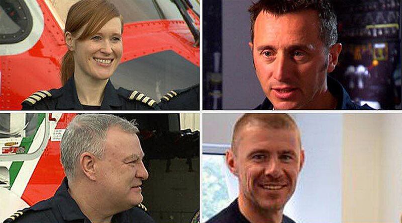 Undated handout file photos issued by the Irish Coast Guard of (from the top left, clockwise) Captain Dara Fitzpatrick, Captain Mark Duffy, winchman Ciaran Smith and winchman Paul Orsmby.