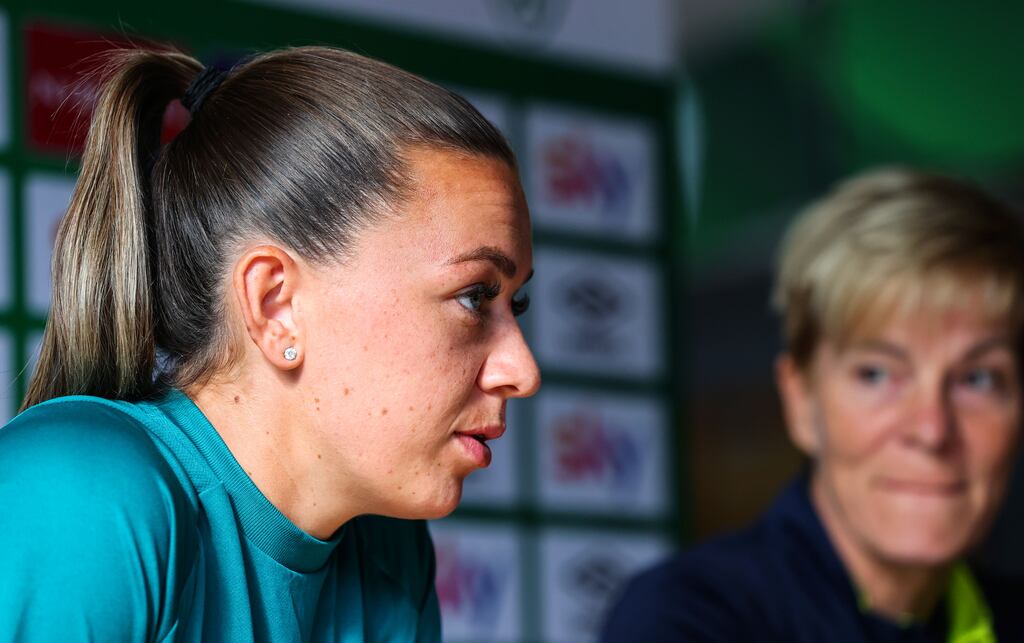 Katie McCabe and manager Vera Pauw address the media ahead of Thursday's game. Photograph: Ryan Byrne/Inpho