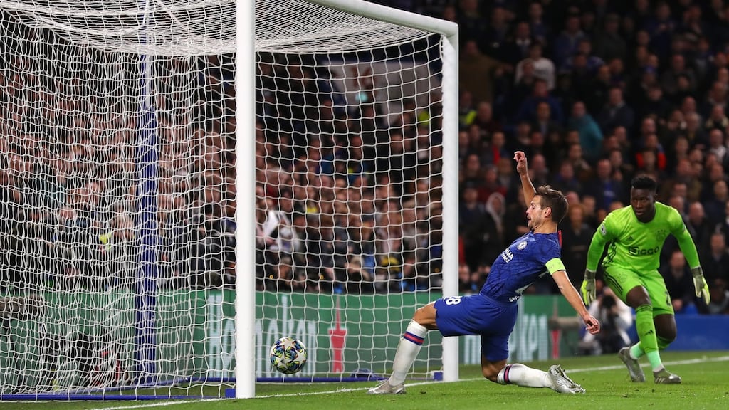 Cesar Azpilicueta scores Chelsea’s second goal during the Champions League Group H match against Ajax at Stamford Bridge. Photograph: Catherine Ivill/Getty Images