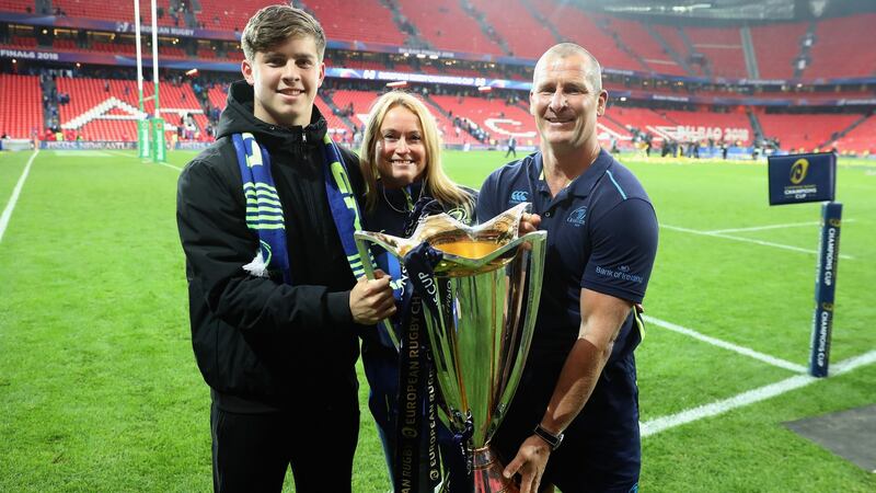Leinster assistant coach Stuart Lancaster celebrates with his wife Nina and son Daniel after last year’s Champions Cup Final victory over Racing 92 in Bilbao. Photograph: David Rogers/Getty Images