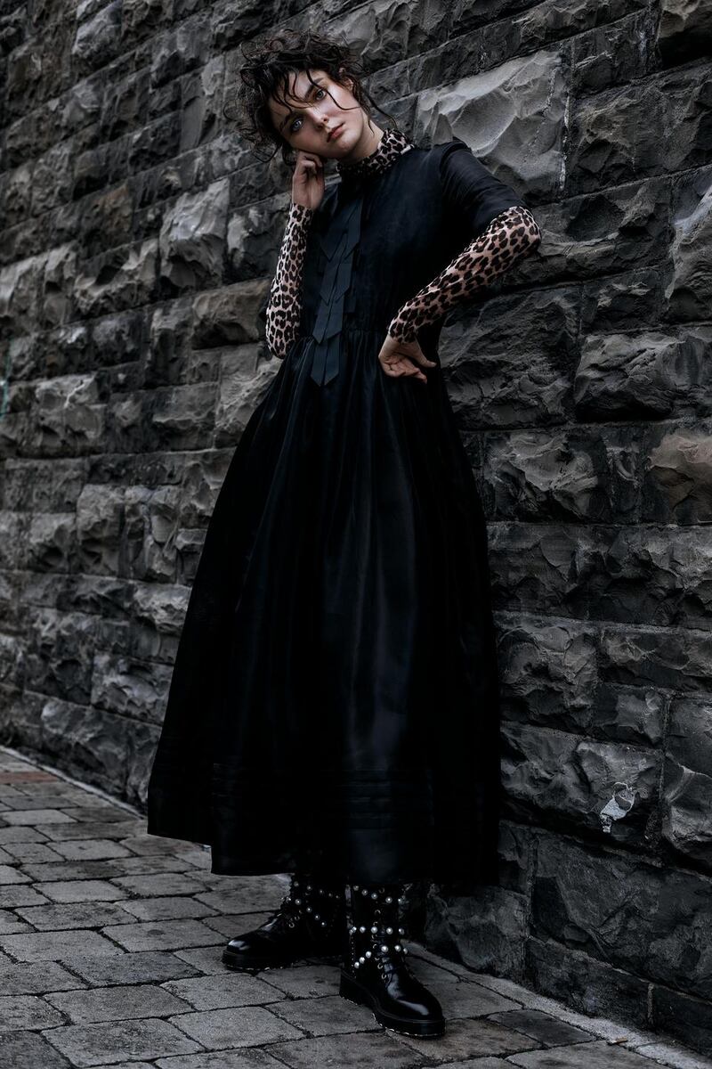 Dress €549, leopard-print blouse €99, both Ganni, Arnotts. Boots €79,99 Zara.