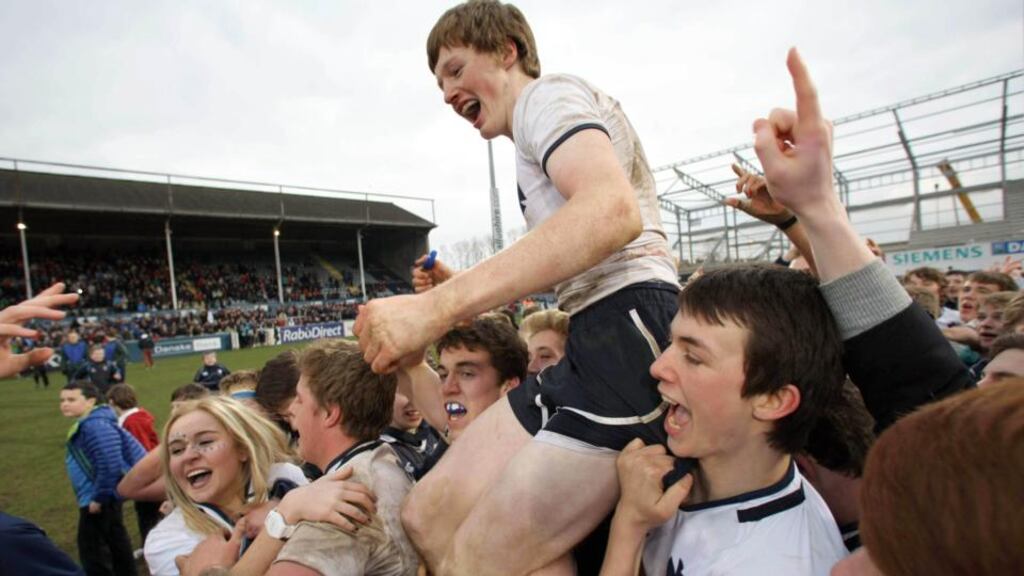 Methodist Collage’s Connor Kelly celebrates their win last year. Photograph: Matt Mackey/Inpho