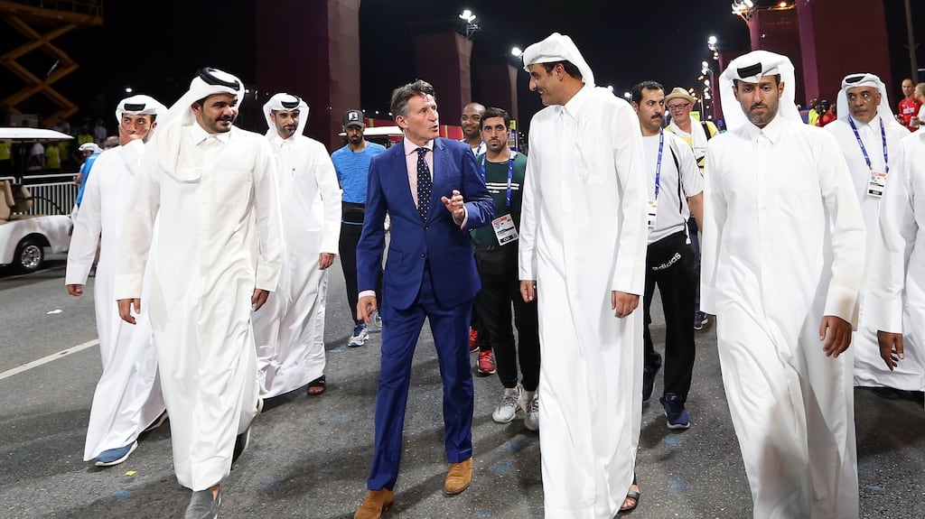 IAAF president Sebastian Coe  and Sheikh Tamim bin Hamad Al Thani, Emir of Qatar (centre right), attend the opening ceremony of the IAAF World Athletics Championships  in Doha, Qatar. Photograph: Ali Haider/EPA