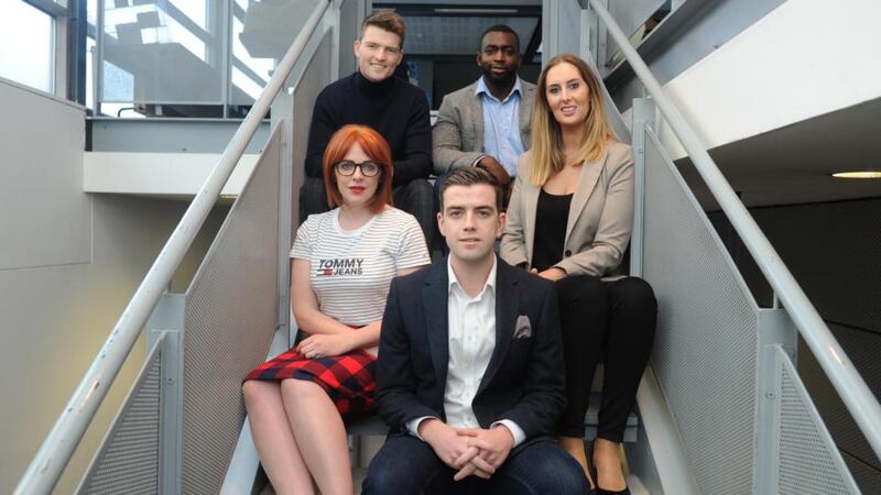 Back: Hugh Weldon and Ahmed Mu’azzam. Middle: Naomh McElhatton and Rosanne Longmore. Front: Stephen Costello. Photograph: Aidan Crawley