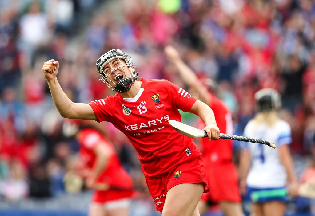 Cork's Amy O’Connor celebrates after completing her hat-trick in the Glen Dimplex All-Ireland Senior Camogie Championship Final against Waterford at Croke Park. Photograph: Bryan Keane/Inpho