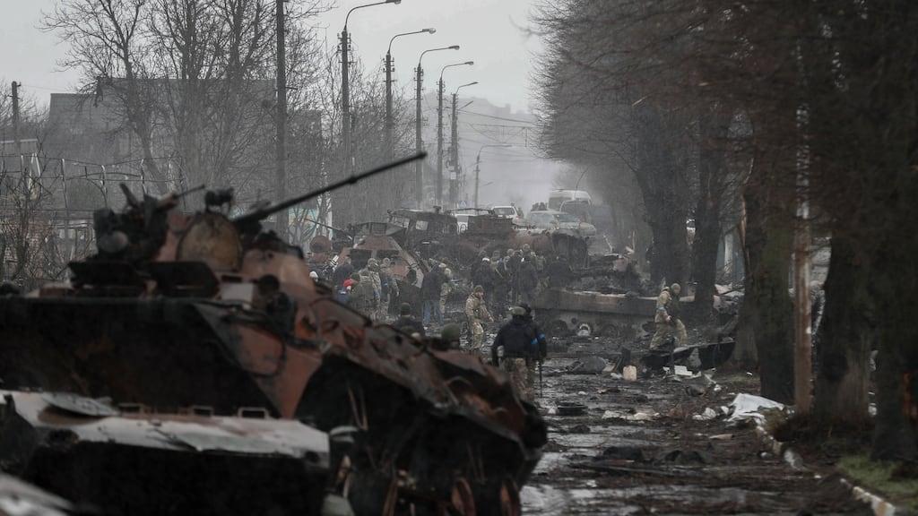 Russian soldiers have withdrawn from Bucha, Ukraine, where scores of civilians were reportedly killed. Photograph: EPA/Atef Safadi