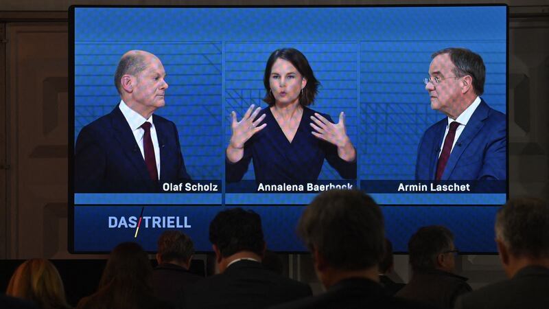 Minister for finance Olaf Scholz of the SPD, Greens co-leader Annalena Baerbock and CDU leader Armin Laschet participating in a television debate in Berlin on Sunday. Photograph: John MacDougall/AFP via Getty Images